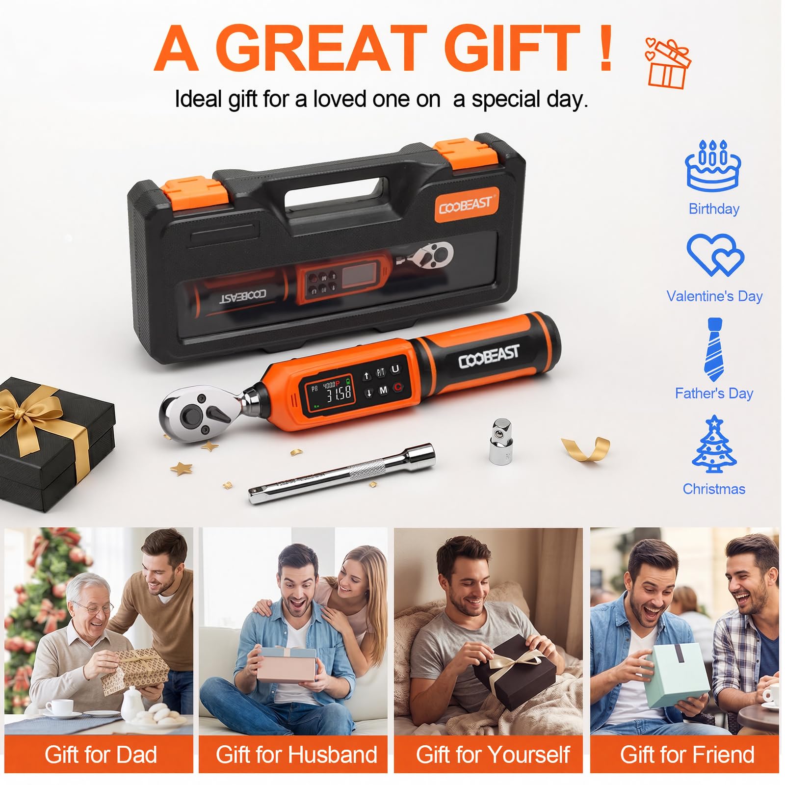 Digital Torque Wrench, 1/2 Drive Electronic Torque Screwdriver with Preset Value(3.76-250.8 Ft.lbs./5.1-340Nm), Buzzer and LED Flash Five Units of Measure Torque Wrench for Motorcycle, Auto Repair