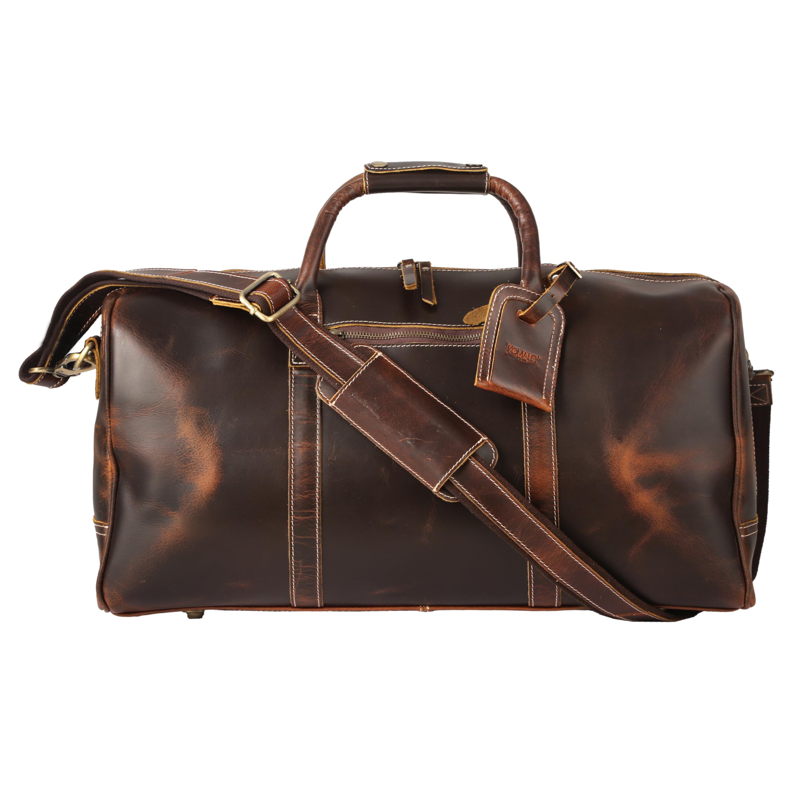KomalC Leather Duffle Bags for Men and Women Travel Overnight Weekend sports bag holdall Gym Duffel for Men (Dark Tan, 20 Inch)