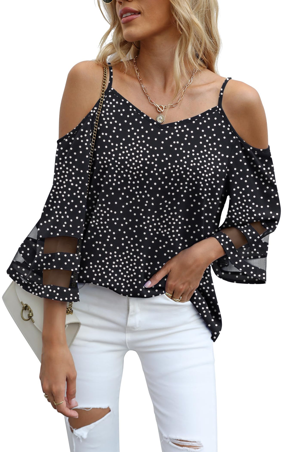 Jouica Womens Summer Cold Shoulder Tops Mesh Panel 3/4 Bell Sleeve Tees Adjustable Spaghetti Strap Loose Fit Shirts