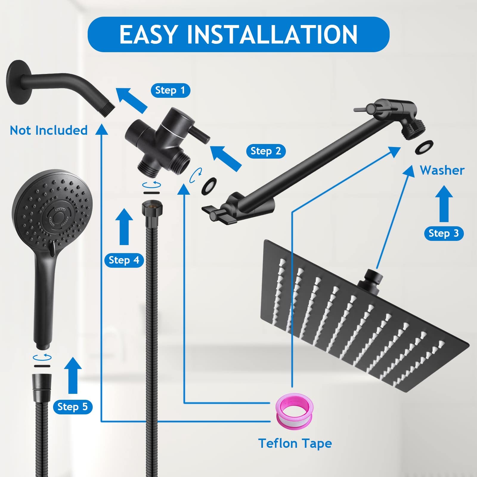 Shower Head Combo(Brushed Nickel),8 Inch High Pressure Rain Shower Head with 11 Inch Adjustable Extension Arm and 5 Settings Handheld Shower Head Combo,Powerful Shower Spray Against Low Pressure Water