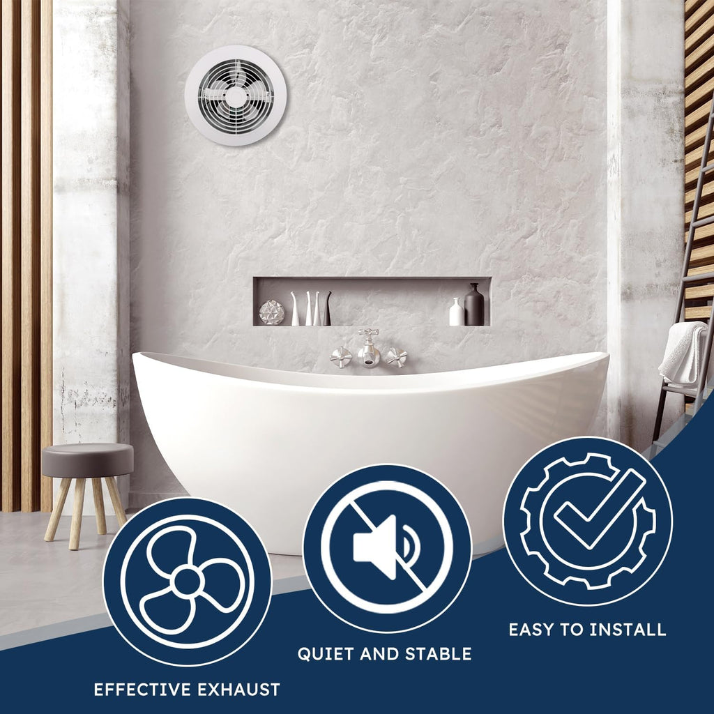 Quini 512M 6-inch Through Wall Exhaust Fan, 80 CFM 4.0 Sones, Bathroom Wall Exhaust Fan, Kitchen Ventilation Fan, 6-inch Diameter Vent, Retractable Duct, One-Year Warranty
