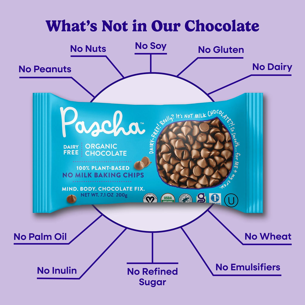 Pascha Organic 70% Cacao Baking Chips - Bittersweet Dark Chocolate with Coconut Sugar - Vegan, Non-GMO, Rainforest Alliance Certified - Allergen-Free (Pack of 8)