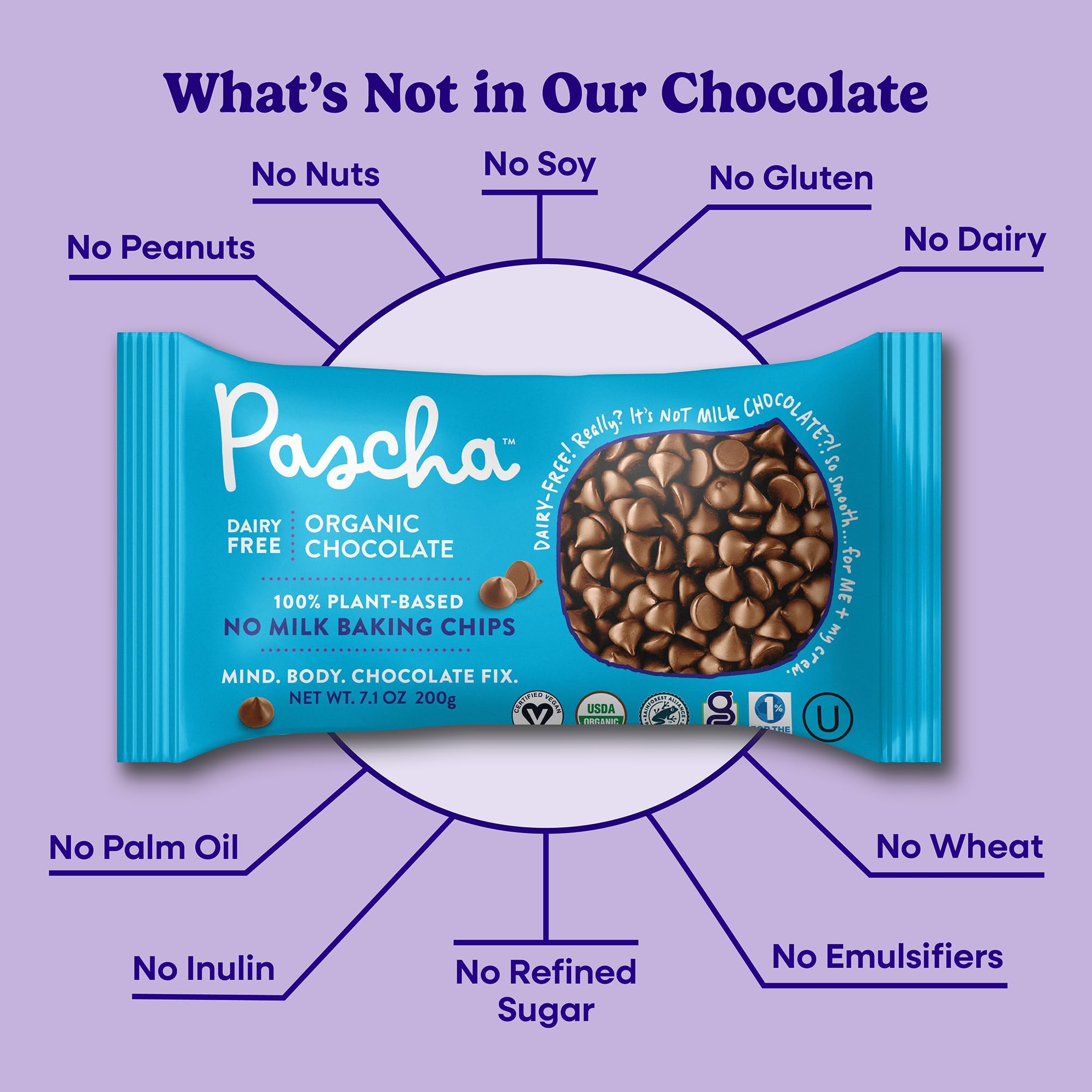 Pascha Organic 70% Cacao Baking Chips - Bittersweet Dark Chocolate with Coconut Sugar - Vegan, Non-GMO, Rainforest Alliance Certified - Allergen-Free (Pack of 8)