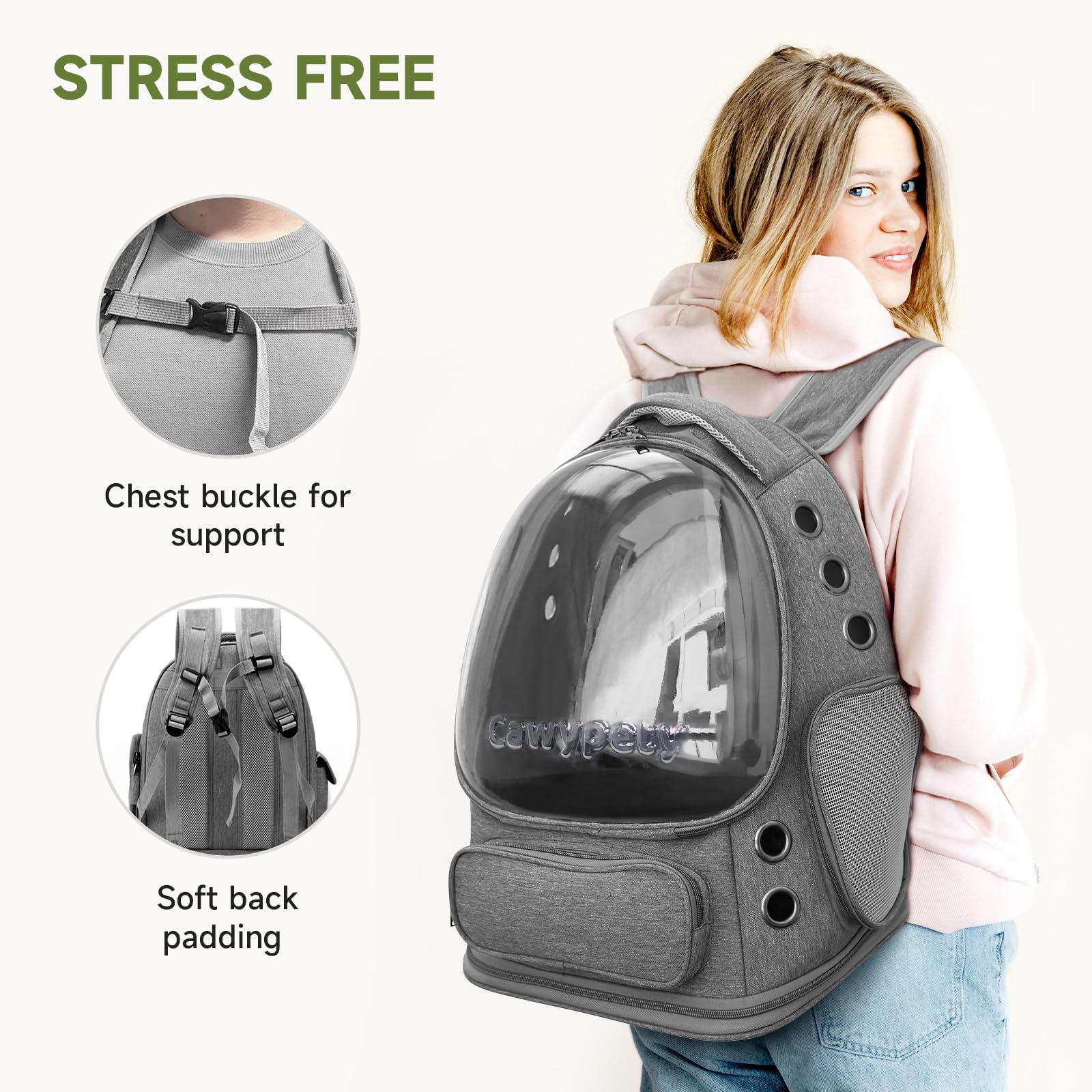 Cawypety Cat Backpack Carrier, Breathable Cat Carrier Large Space Bubble Pet Backpack for Kitty Small Dog up to 12lbs, Transparent & Foldable Pet Carrier for Travel Hiking (Black