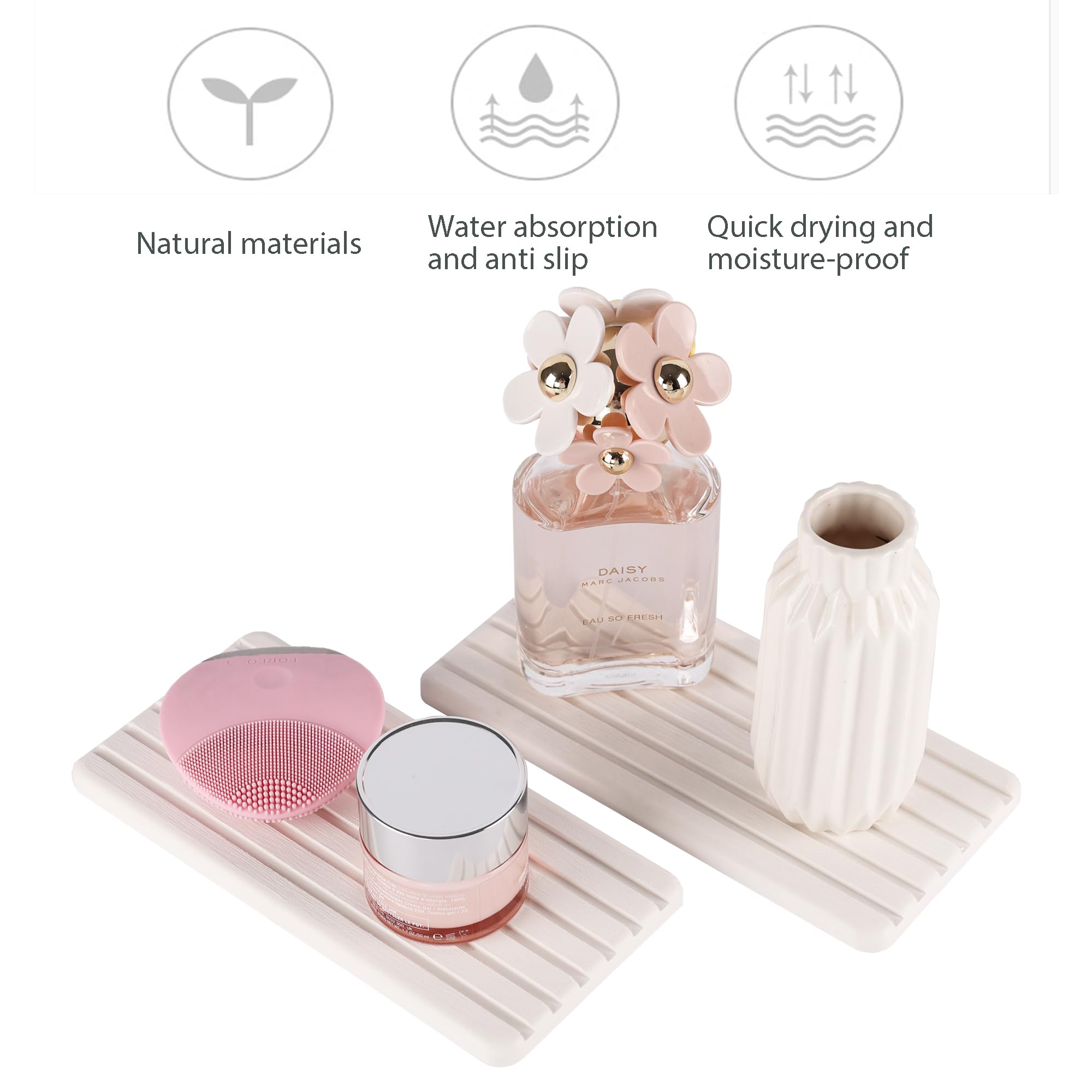 NiuYichee 2 PCS Water Absorbent diatomite Coasters, 7.1" x 3.5" Water Absorbing Stone Tray for Sink, Stone Drying mat for Kitchen Counter, Stone soap Tray Used for Hand Soaps & toiletries & Plants