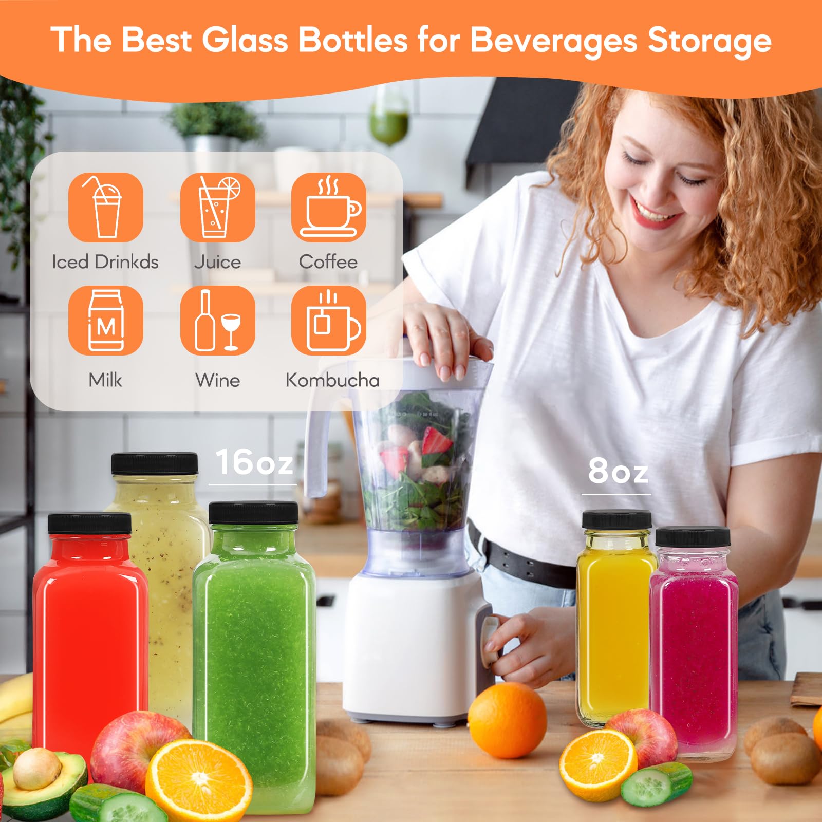 STARSIDE 8 oz Glass Juice Bottles with Lids 12 Pack - Square Reusable Drinking Jars for Juicing, Milk, Kombucha - Includes 1 Bottle Brush, 12 Colored Labels