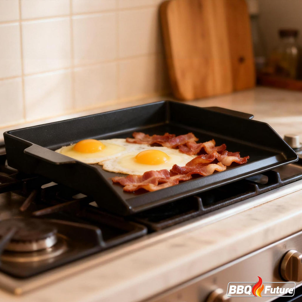 Carbon Steel Griddle for Gas Grill, Double Burner Griddle Compatible with Induction, Stove Top, Electric, Oven - 17" x 10" Professional Cookware for Cooktop, NonStick Griddle Pan