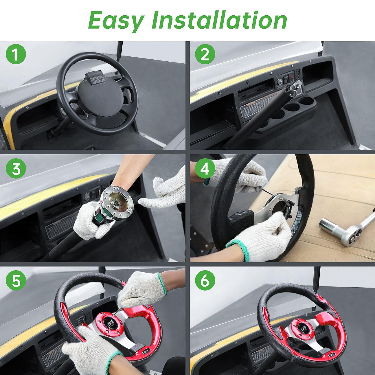 10L0L Golf Cart Steering Wheel, 13' Universal Fit for EZGO TXT/RXV, Club Car DS/Precedent, Yamaha G2-G29 (Carbon Black)