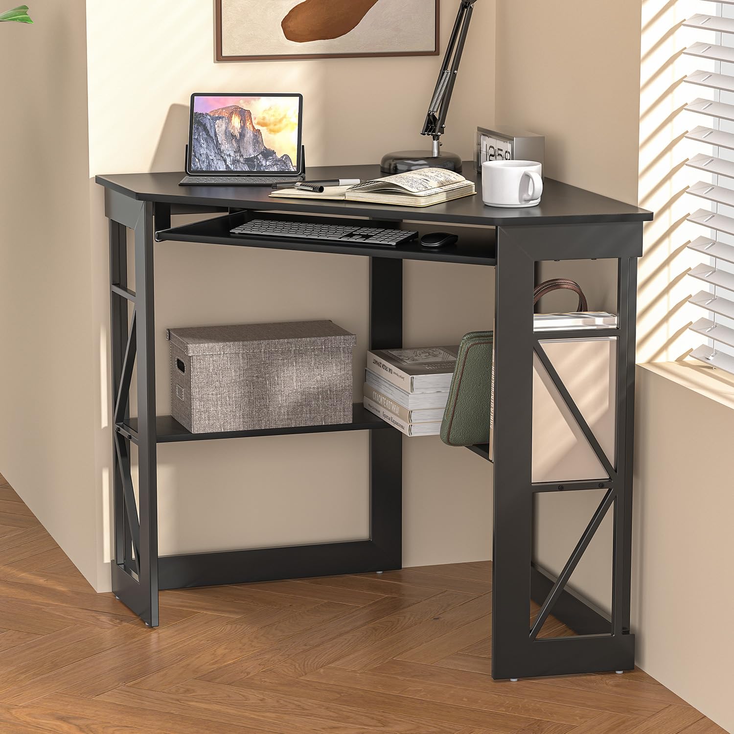 VECELO Corner Desk Computer Desk Writing Table with Smooth Keyboard Tray & Storage Shelves,Compact Home Office Triangle Table,Antique Brown
