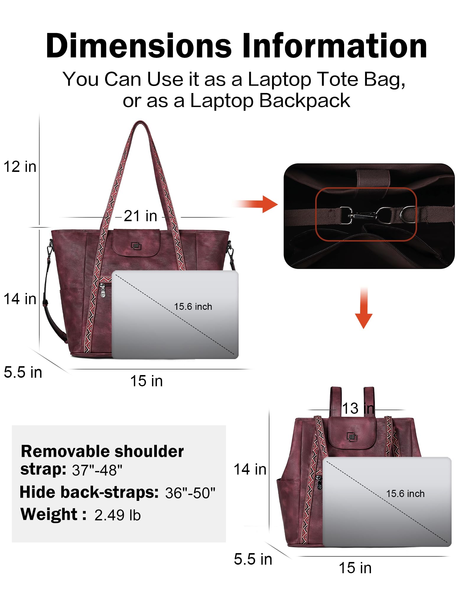 FADEON Large Laptop Tote Bag for Women Designer Leather Laptop Bag Fashion Travel Backpack Purse Shoulder Handbag
