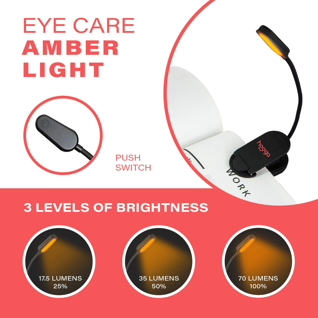 hooga Red Book Light, Rechargeable Clip On 625nm LED Light for Reading in Bed. No Blue Light Emitted, Eye Care Light for Strain-Free, Healthy Eyes. Gift for Students, Kids, Travel, Nursing, Studying.