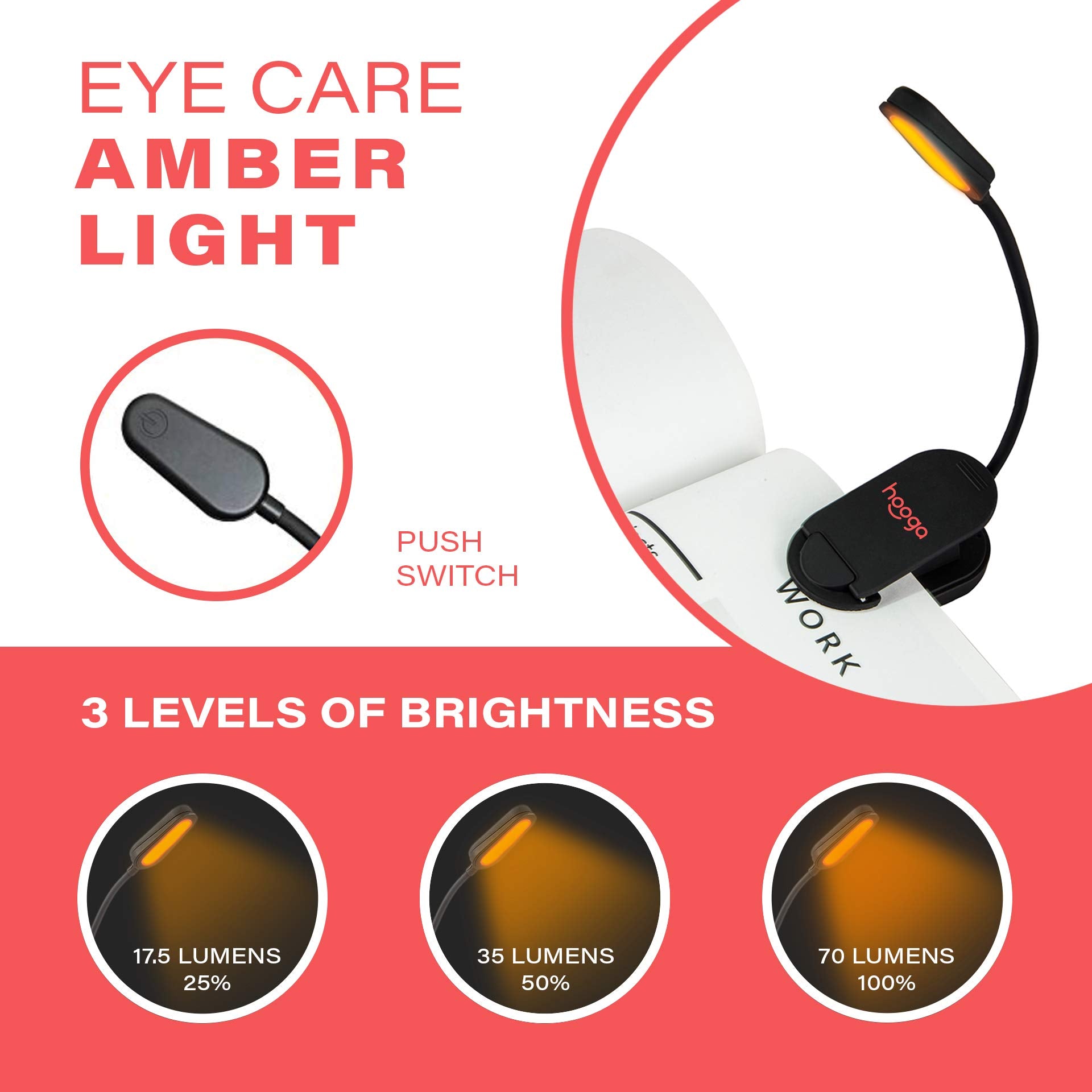 hooga Red Book Light, Rechargeable Clip On 625nm LED Light for Reading in Bed. No Blue Light Emitted, Eye Care Light for Strain-Free, Healthy Eyes. Gift for Students, Kids, Travel, Nursing, Studying.