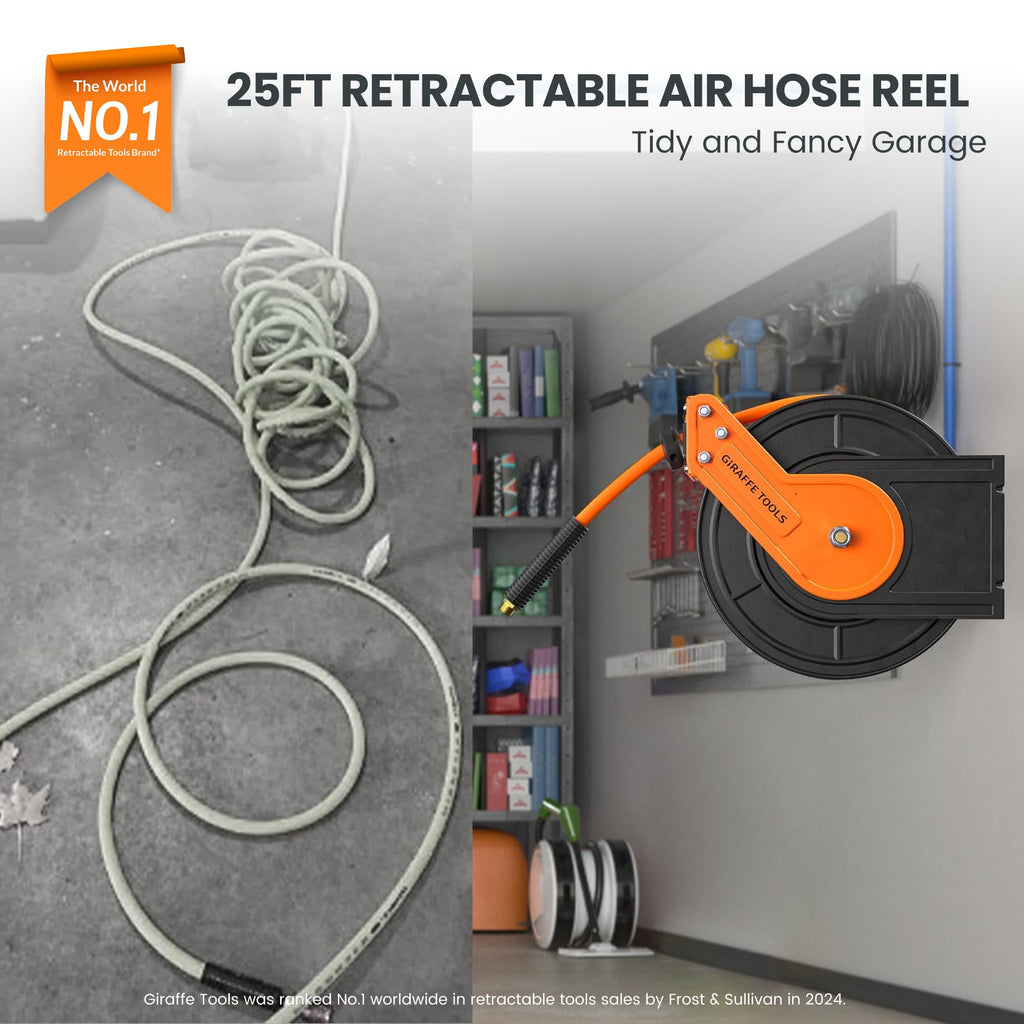 Giraffe Tools Retractable Air Hose Reel, 3/8" Hybrid Hose, Air Compressor Heavy Duty Steel Reel Auto Rewind 300PSI, Wall Mount, 25ft