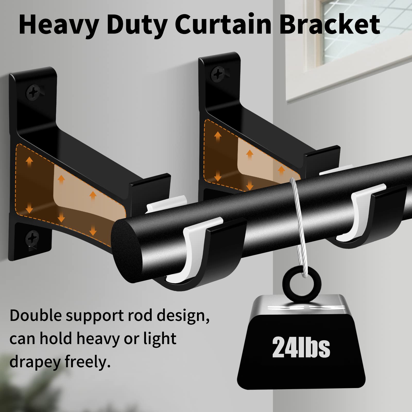 KOLAKO Curtain Rod Brackets, Heavy Duty Black Curtain Rods Holders Hook Hangers for Wall Drapery Rod Bracket Support 1 Inch Rods, 2 Pack