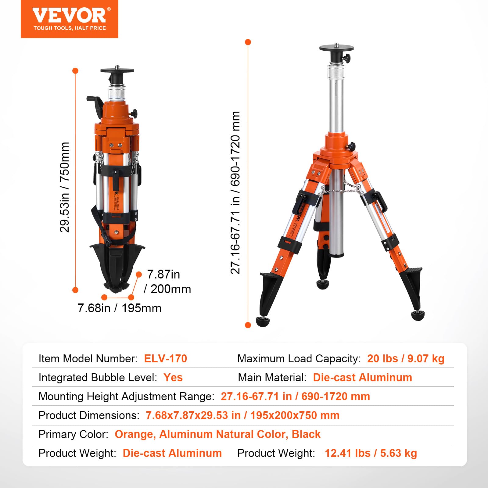 VEVOR Laser Level Tripod Stand, 5/8"-11 Thread Mount, 16.53-65.55 inch Height Adjustment Heavy Duty Survey Tripod for Construction Laser Level Scanner, Retractable Legs Non-Skid Feet Professional