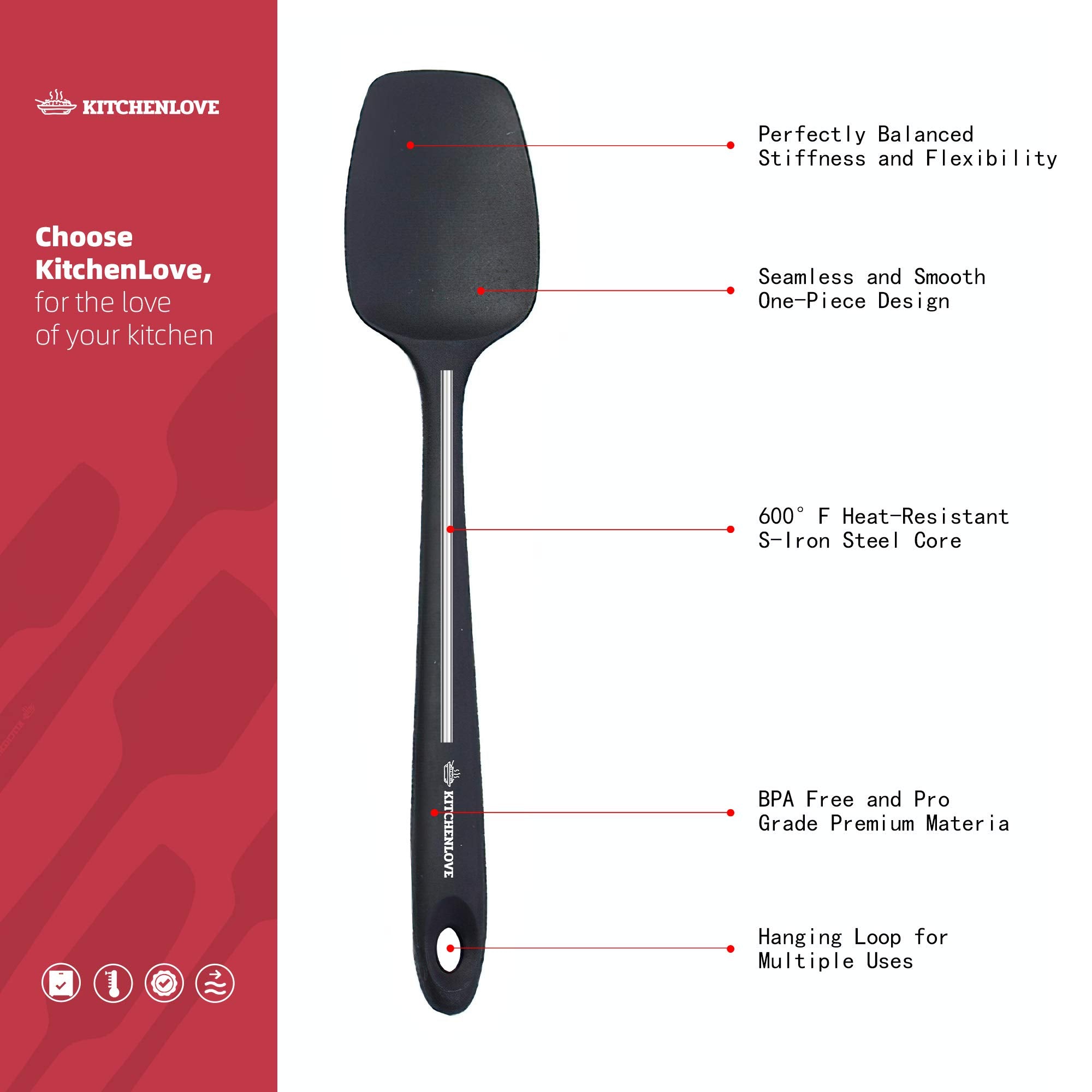 KITCHENLOVE Premium 600°F Heat Resistant 5 Piece Silicone Spatula Set for Baking, Cooking, Mixing - Non-Stick with High Grade S-Iron Steel Core - One Piece Seamless Design - BPA Free (Black)