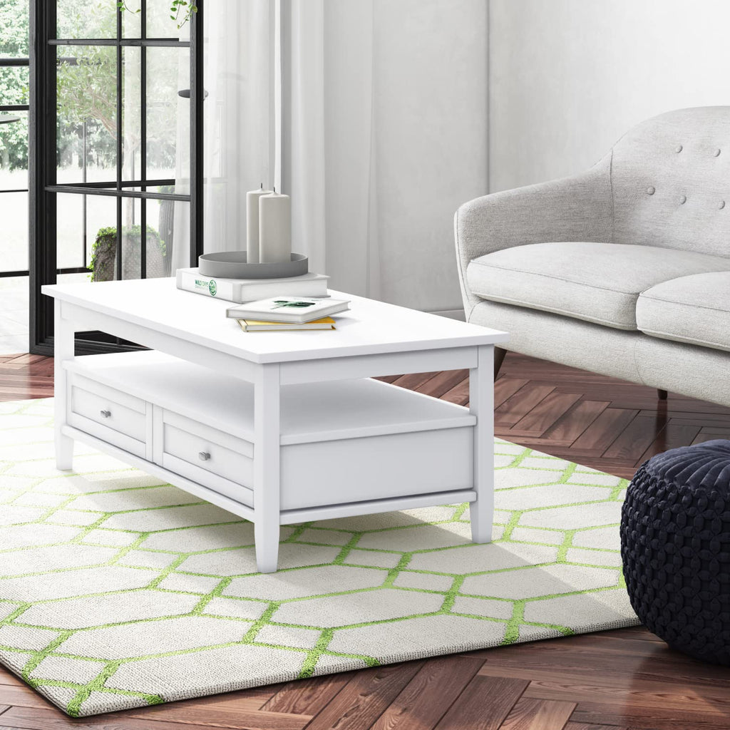 SIMPLIHOME Warm Shaker Coffee Table - 48 inch Wide Solid Wood Coffee Table in Black, Transitional Living Room Table with 2 Drawers, Open Shelf, Shaker Fronts and Tapered Legs