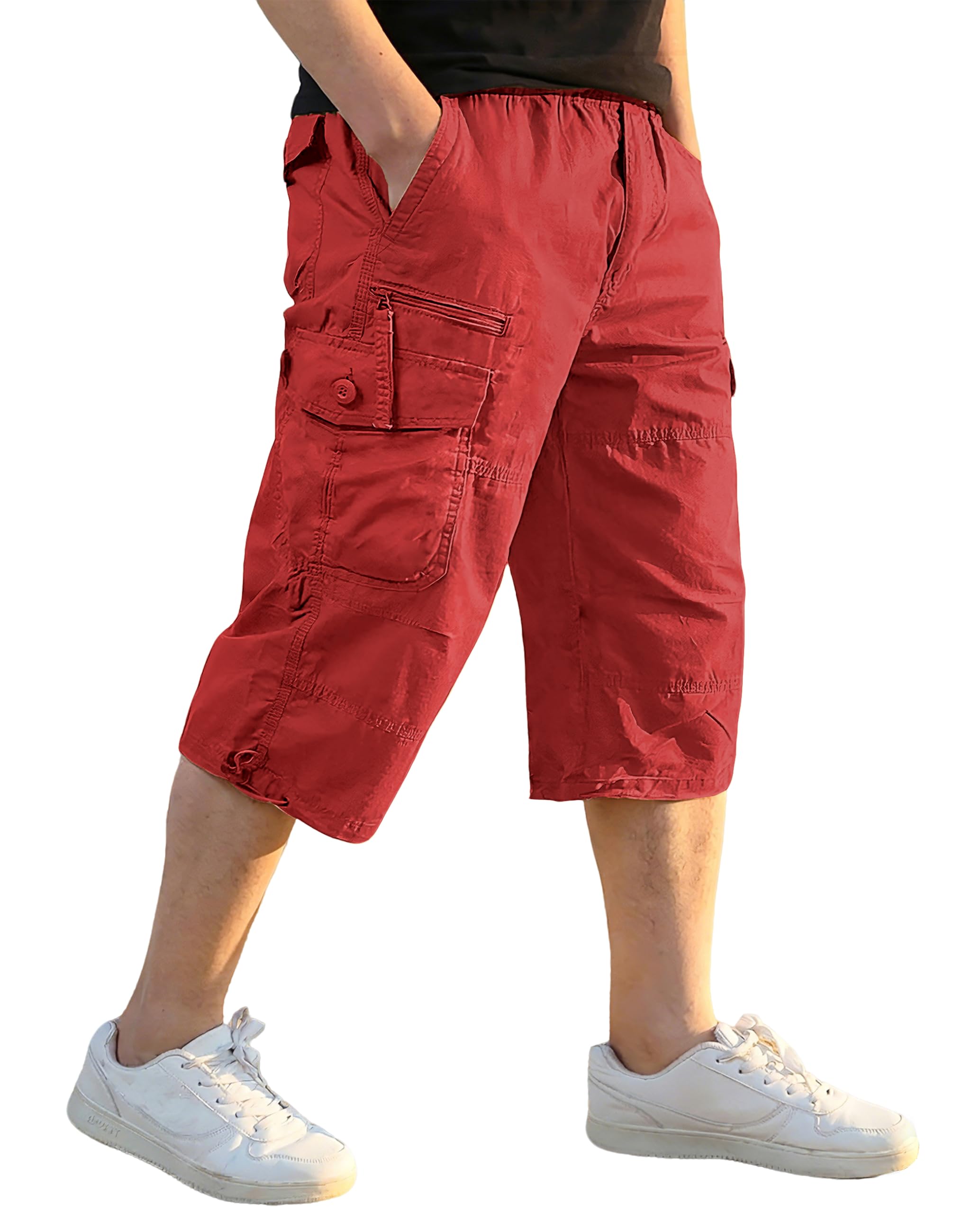 EKLENTSON Men's Cargo Shorts Casual Twill Elastic 3/4 Capri Pants Below Knee Long Shorts with 7 Pockets