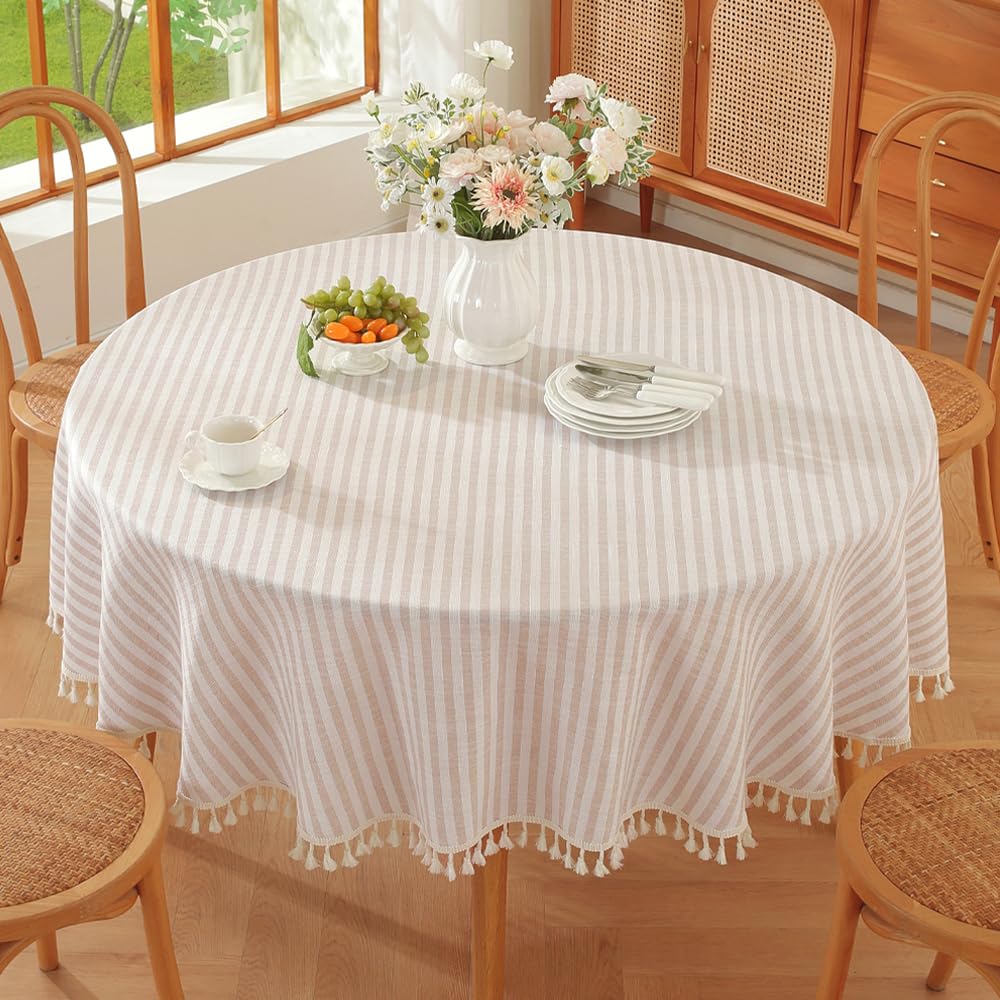 TruDelve Cotton Table Cloth Square Tables Beige Striped Tablecloths Fall Outdoor Tablecloth for Picnic Table Cover (Beige,55"x55",Square)