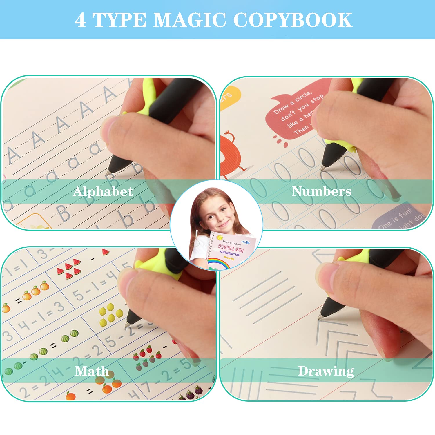 AALGO Large Magic Grooved Writing Practice Books- Reusable Handwriting Practice for Kids 8-10 - Preschool Workbook- Letter Tracing for Kids Ages 3-5