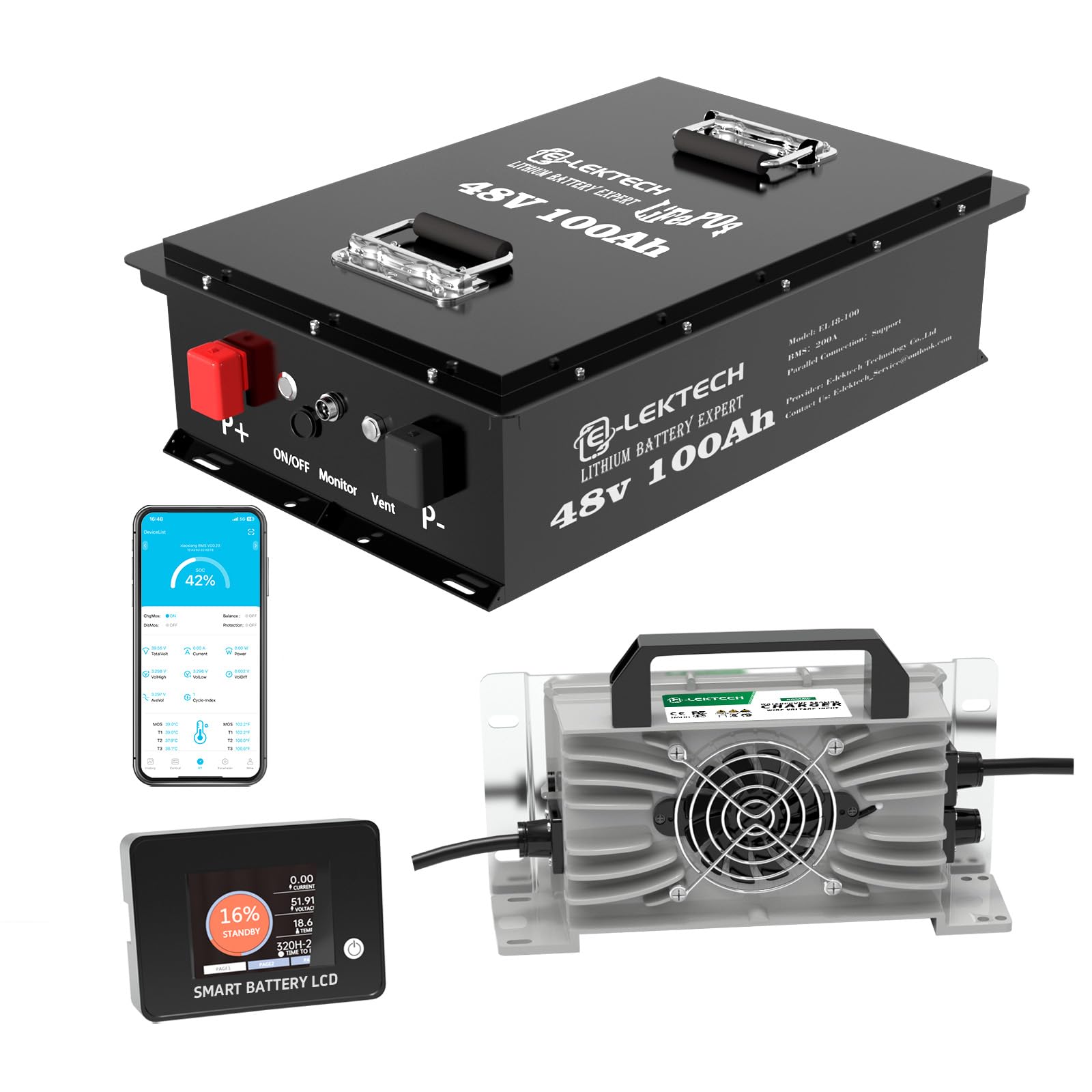 36V 100Ah LiFePO4 Lithium Golf Cart Battery with Charger, Built-in Smart 200A BMS, with Touch Monitor, Perfect for Golf Carts, Off-grid