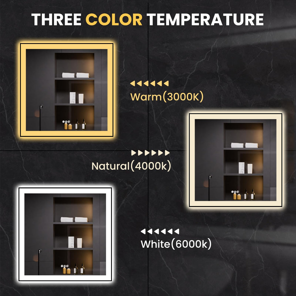 LOAAO 20"X28" LED Bathroom Mirror Black Framed | Anti-Fog, Dimmable, Memory Function, Tempered Glass, Lighted Vanity Mirror for Wall