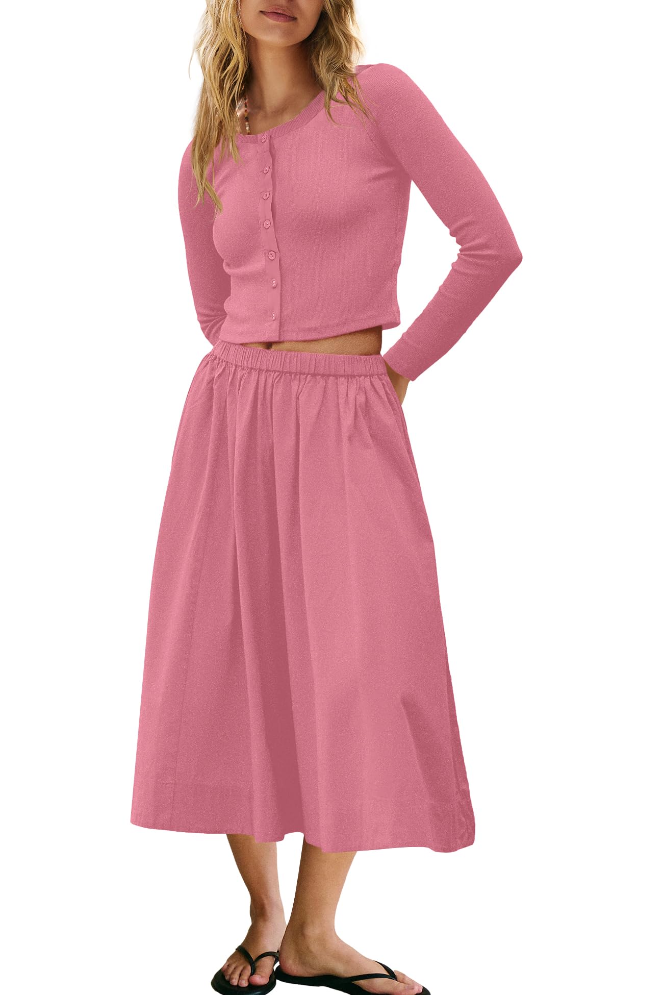 Panadila Womens 2 Piece Lounge Sets Matching Vacation Outfits Ribbed Button Down Cardigan and Elastic Waist Skirt Sets