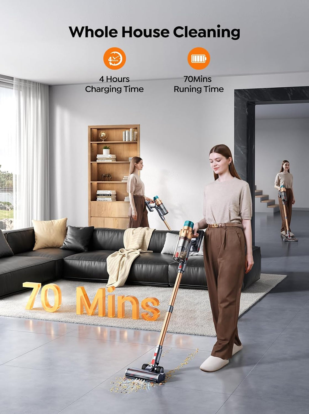 Cordless Vacuum Cleaner, 650W 55KPA 70 Mins Runtime Self-Standing Vacuum Cleaners for Home, Stick Vacuum with Charging Dock Station Removable Battery, Handheld Vacuum for Pet Hair/Carpet/Floor