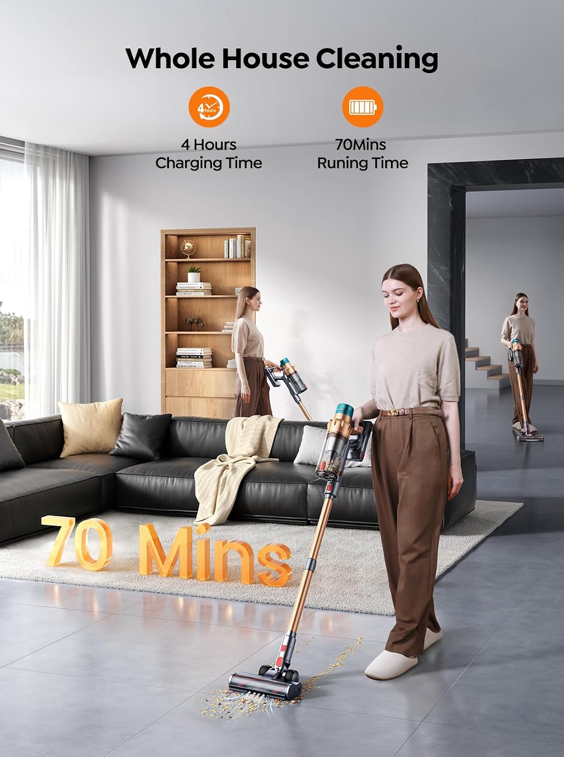 Cordless Vacuum Cleaner, 650W 55KPA 70 Mins Runtime Self-Standing Vacuum Cleaners for Home, Stick Vacuum with Charging Dock Station Removable Battery, Handheld Vacuum for Pet Hair/Carpet/Floor
