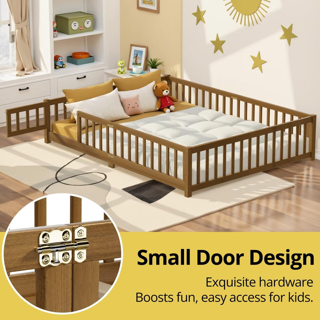 i-POOK Queen Floor Bed for Children, Sturdy Wood Montessori Bed Frame with Wood Slats, High Fence & Small Door for Girls and Boys, Espresso (with Bed Slats)