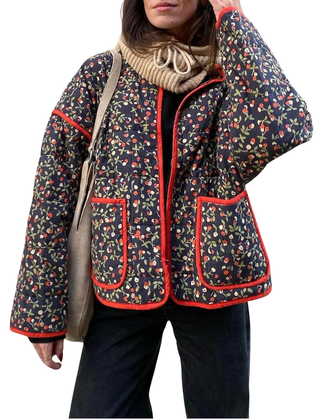 Omoone Women's Cropped Quilted Jacket Floral Printed LightWeight Padded Puffer Cardigan Coat Outwear