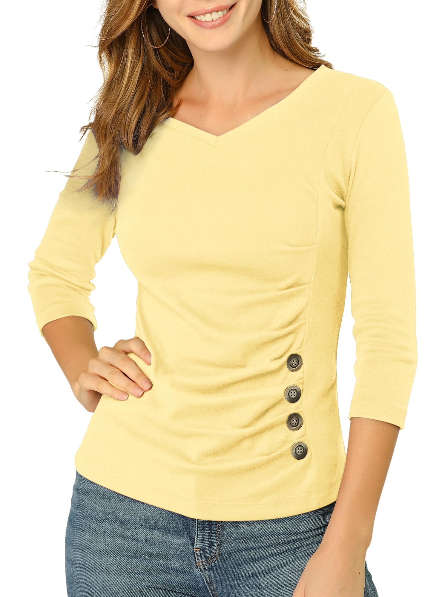 Allegra K Women's V Neck Tops 3/4 Sleeves Solid Knitted Buttons Decor Ruched Blouse