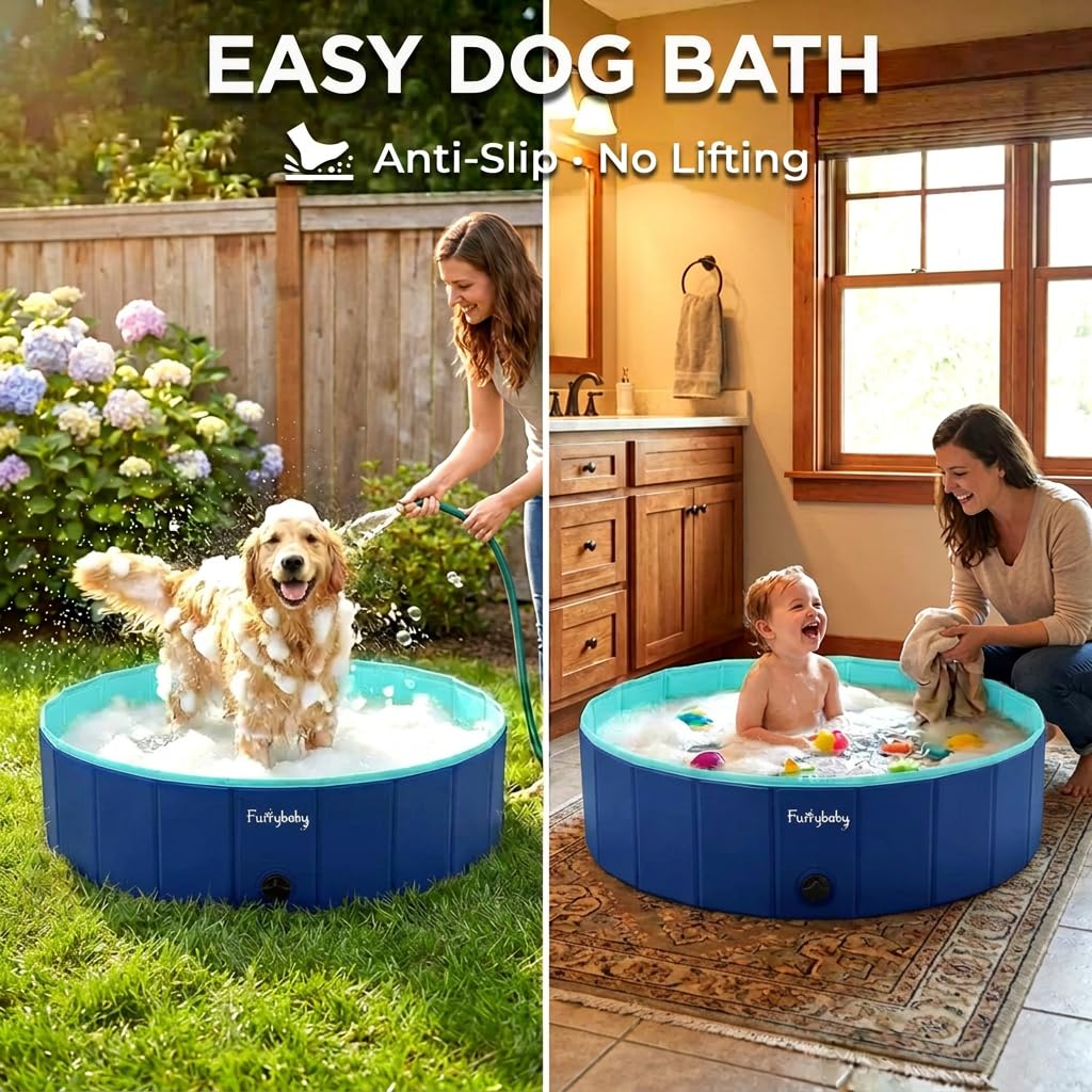 Foldable Dog Pool, Hard Plastic Kiddie Pool for Dogs, Collapsible Dog Pool with Rigid PP Core, Non-Slip PVC, Durable Pet Bath Tub for Indoor/Outdoor Backyard, 32" Green
