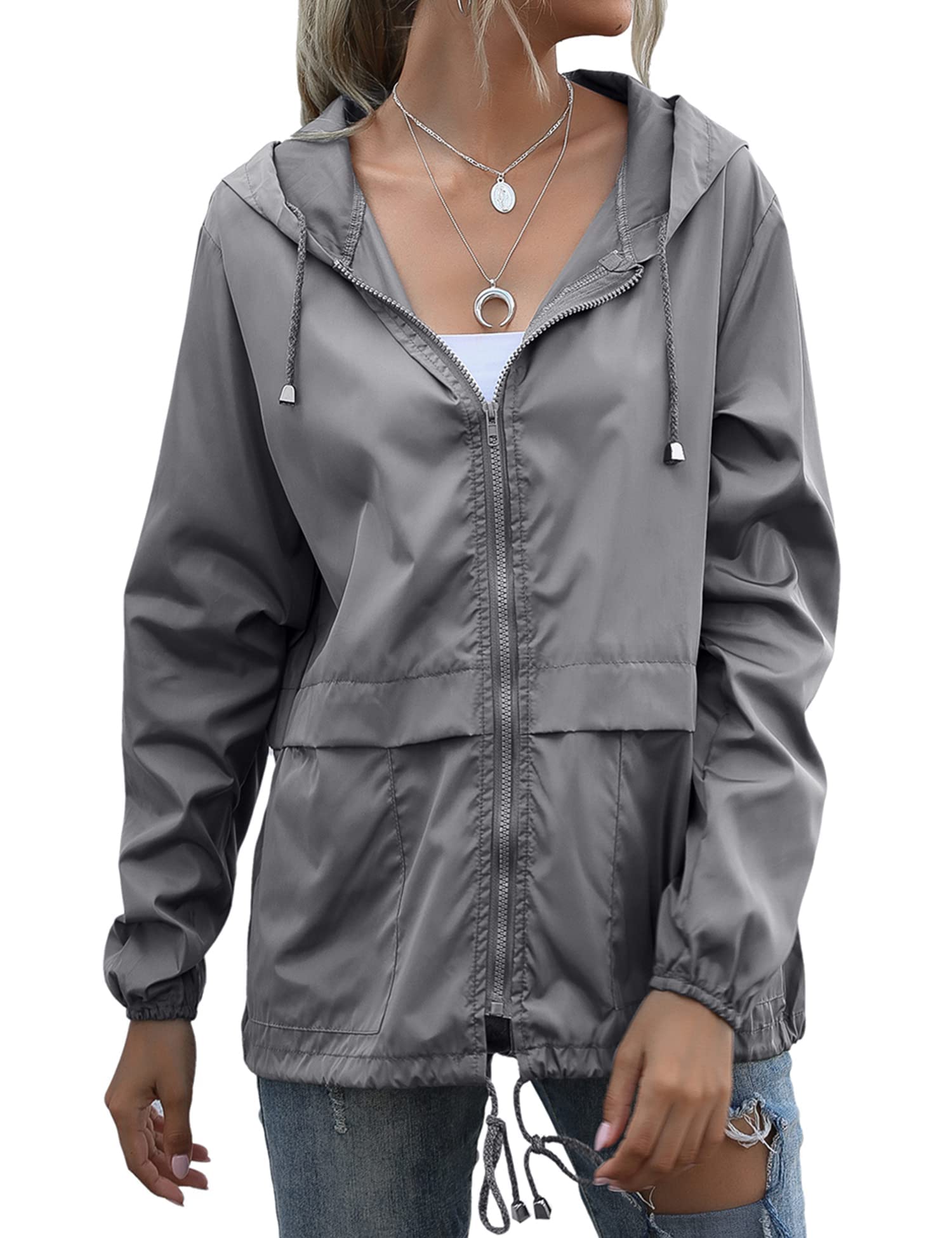 Women's Raincoats Lightweight Waterproof Windproof Adjustable Windbreaker Rain Jackets Hooded with Pockets S-XXL