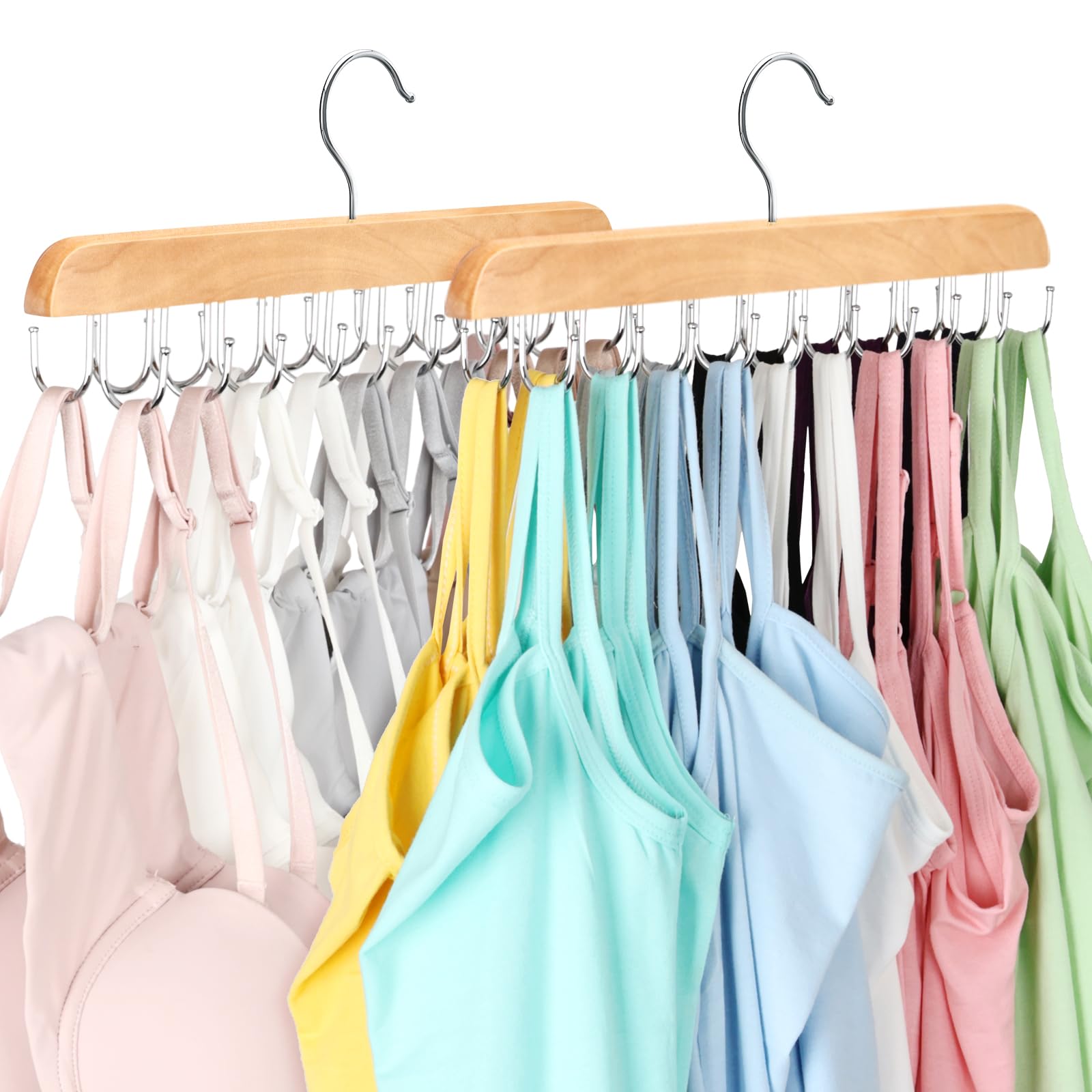 Bra Hanger for Closet, Tank Top Organizer 20 Hooks Capacity Foldable Wood Space Saving Hanger Closet Organizers and Storage for Dorm & Apartment for Tank Top, Hats, Scarf etc.