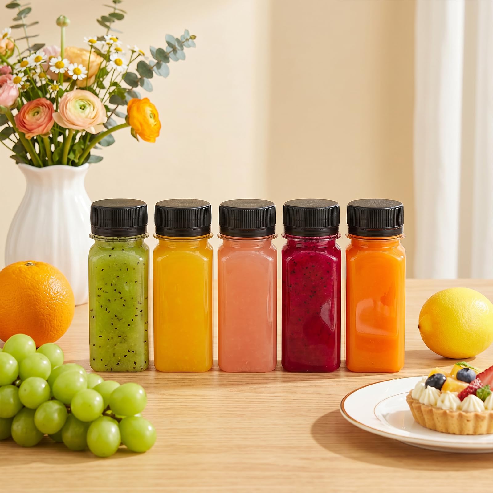 TOMNK 45pcs 2oz Plastic Shot Juice Bottles with Caps, Ginger Shot Bottles, Reusable Clear Bulk Beverage Containers for Ginger Shot, Juice, Milk, and Other Beverages