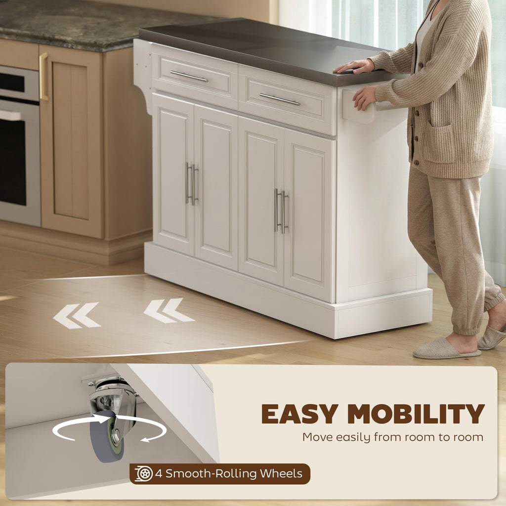 HOMCOM Rolling Kitchen Island Cart with 47" Stainless Steel Top, Portable Island Table for Kitchen with Wheels, Adjustable Shelves, 2 Drawers, Spice, Knife and Towel Rack, Black