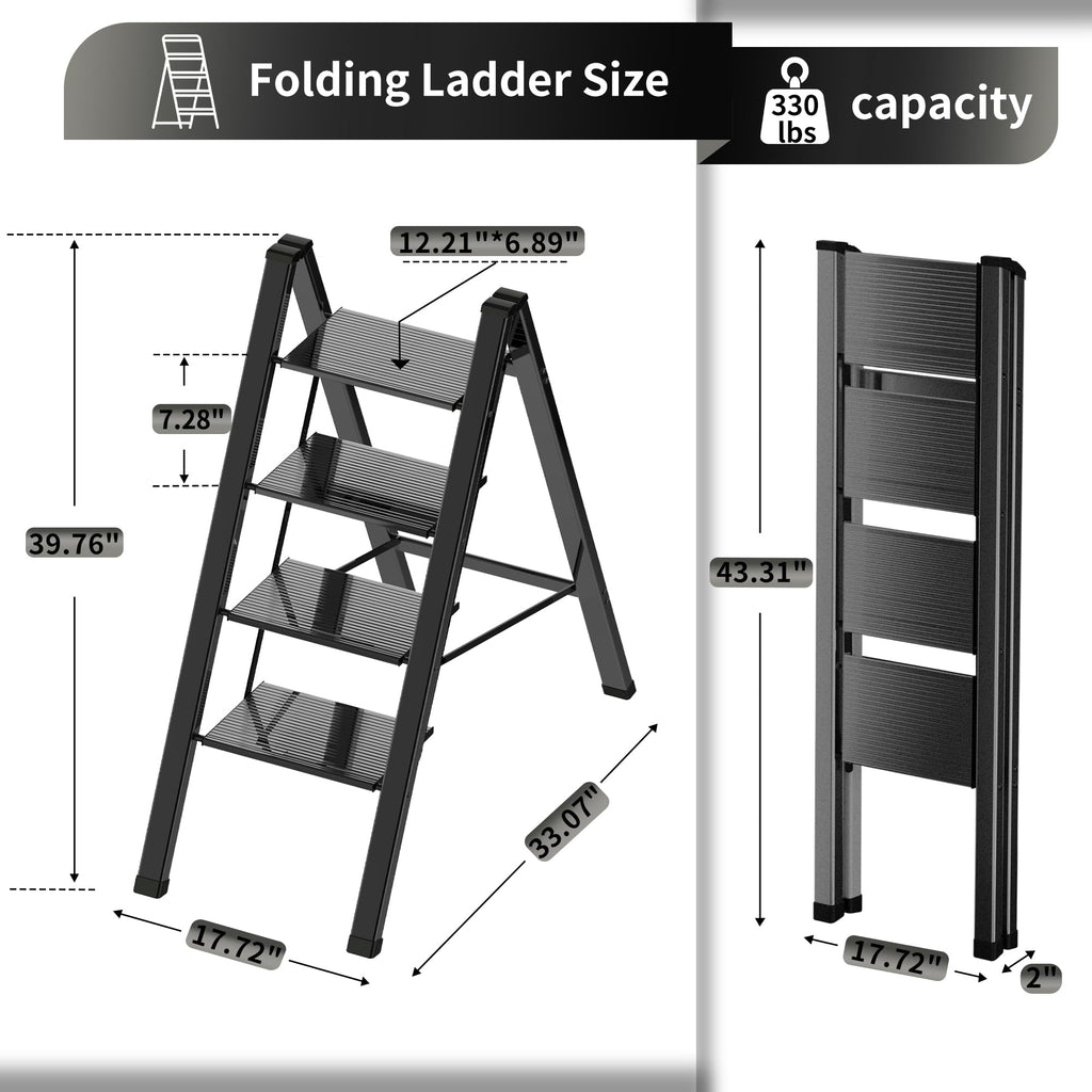 2 Step Lightweight Folding Ladder for Home, 330lbs Aluminum Step Ladder Anti-Slip for Kitchen, Step Stool Foldable Adults for Closet, 330lbs - Black