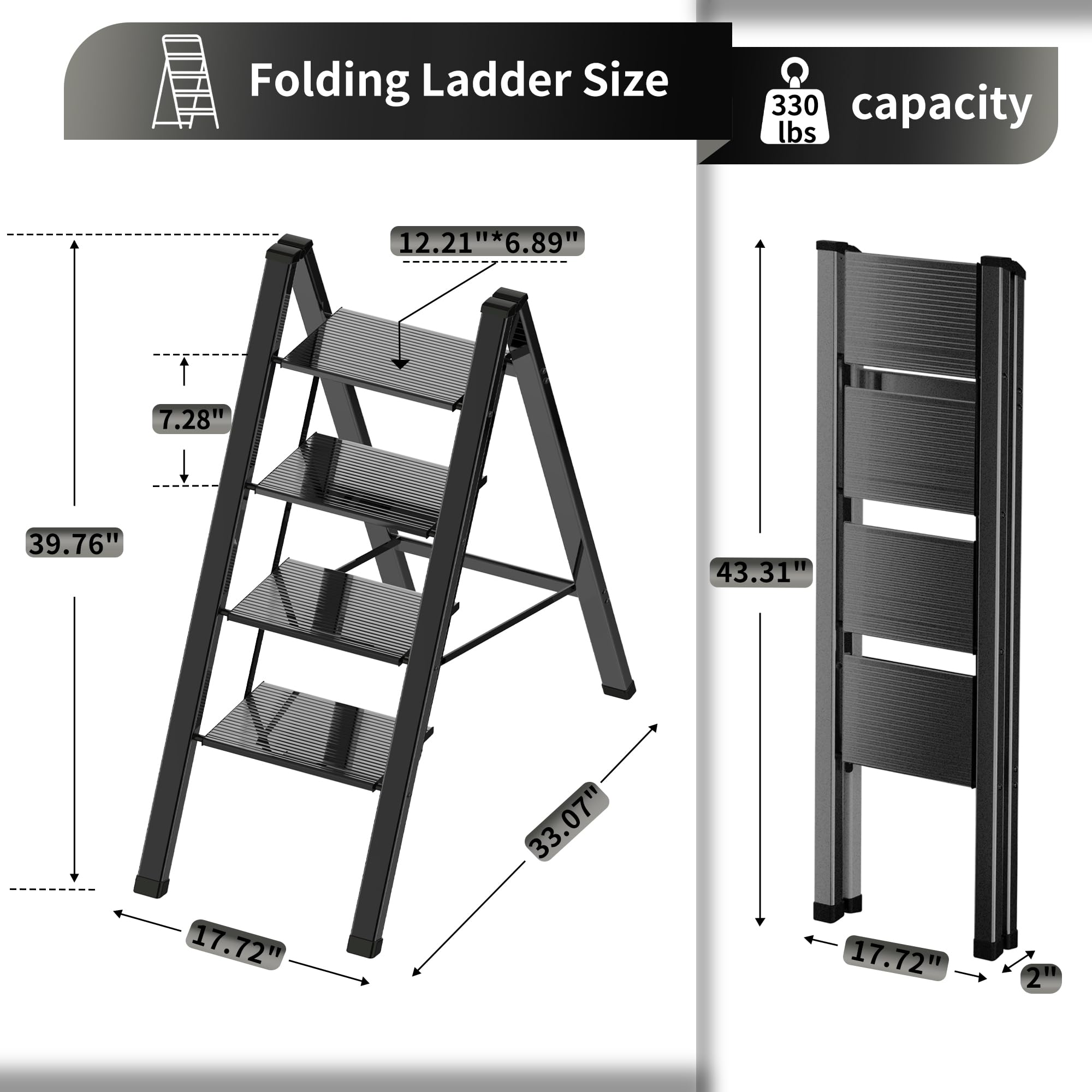 2 Step Lightweight Folding Ladder for Home, 330lbs Aluminum Step Ladder Anti-Slip for Kitchen, Step Stool Foldable Adults for Closet, 330lbs - Black