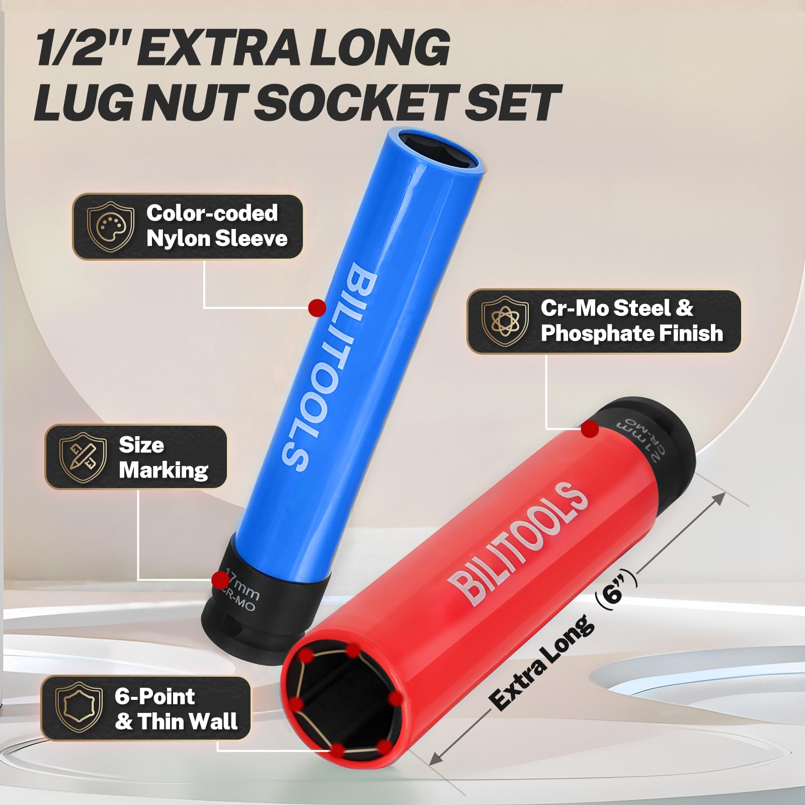 BILITOOLS 1/2 inch Drive Impact Lug Nut Socket Set, 15 17 19 21 22 MM Non-Marring Thin Wall Wheel Protector Nut Socket