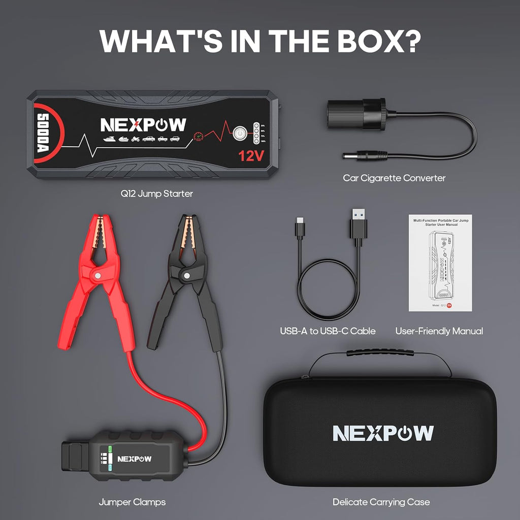 NEXPOW Car Jump Starter,Car Battery Jump Starter Pack 5000A Peak Q12 for All Gas and Up to10.0L Diesel Engine 12V Auto Battery Booster,Jumper Cables,Portable Jump Box with LED Light/USB QC3.0