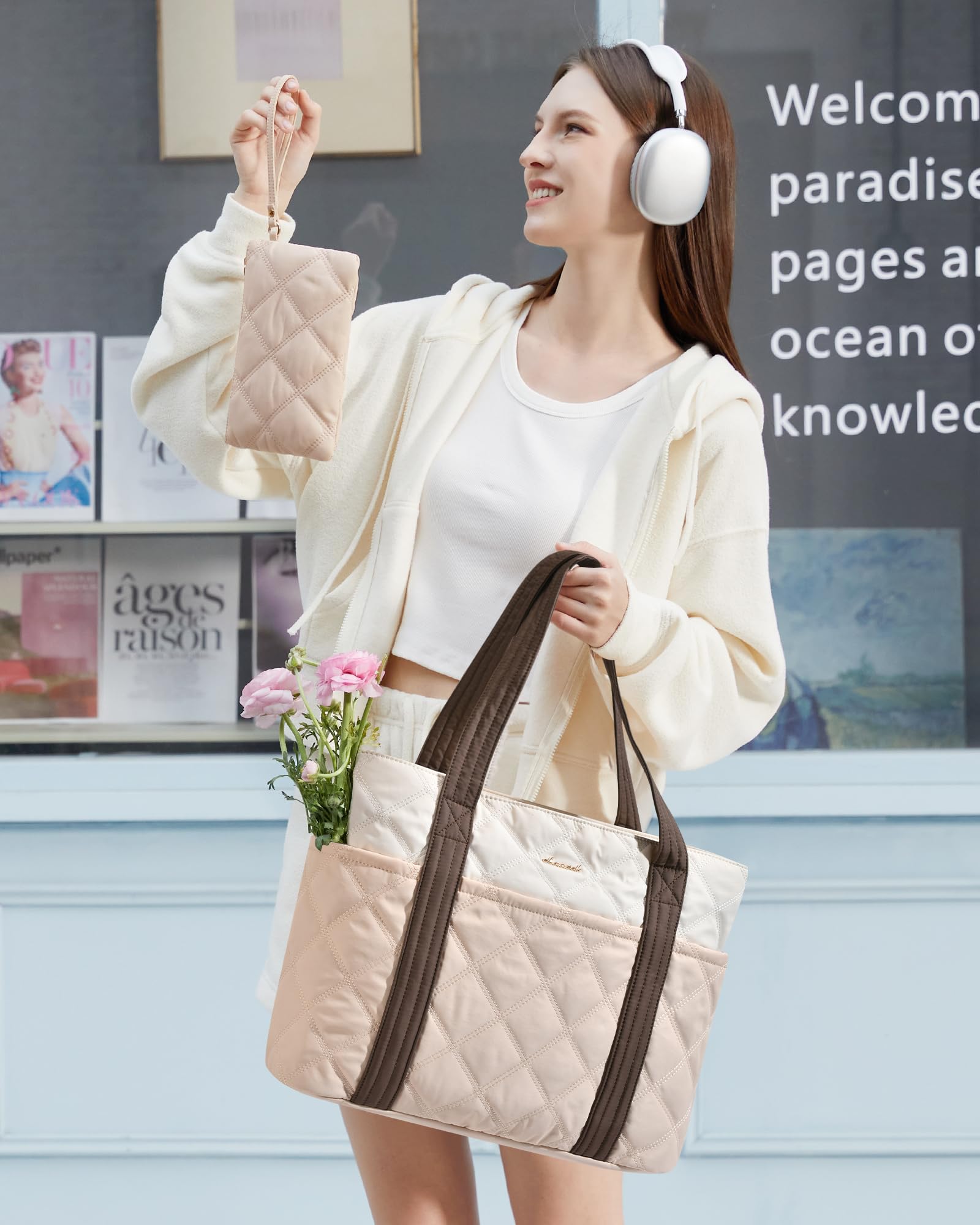 LOVEVOOK Puffer Tote Bag for Women, Puffy Work Handbag with Cup Holder, Travel Carry On Bag with Zipper for Teacher Nurse Gym