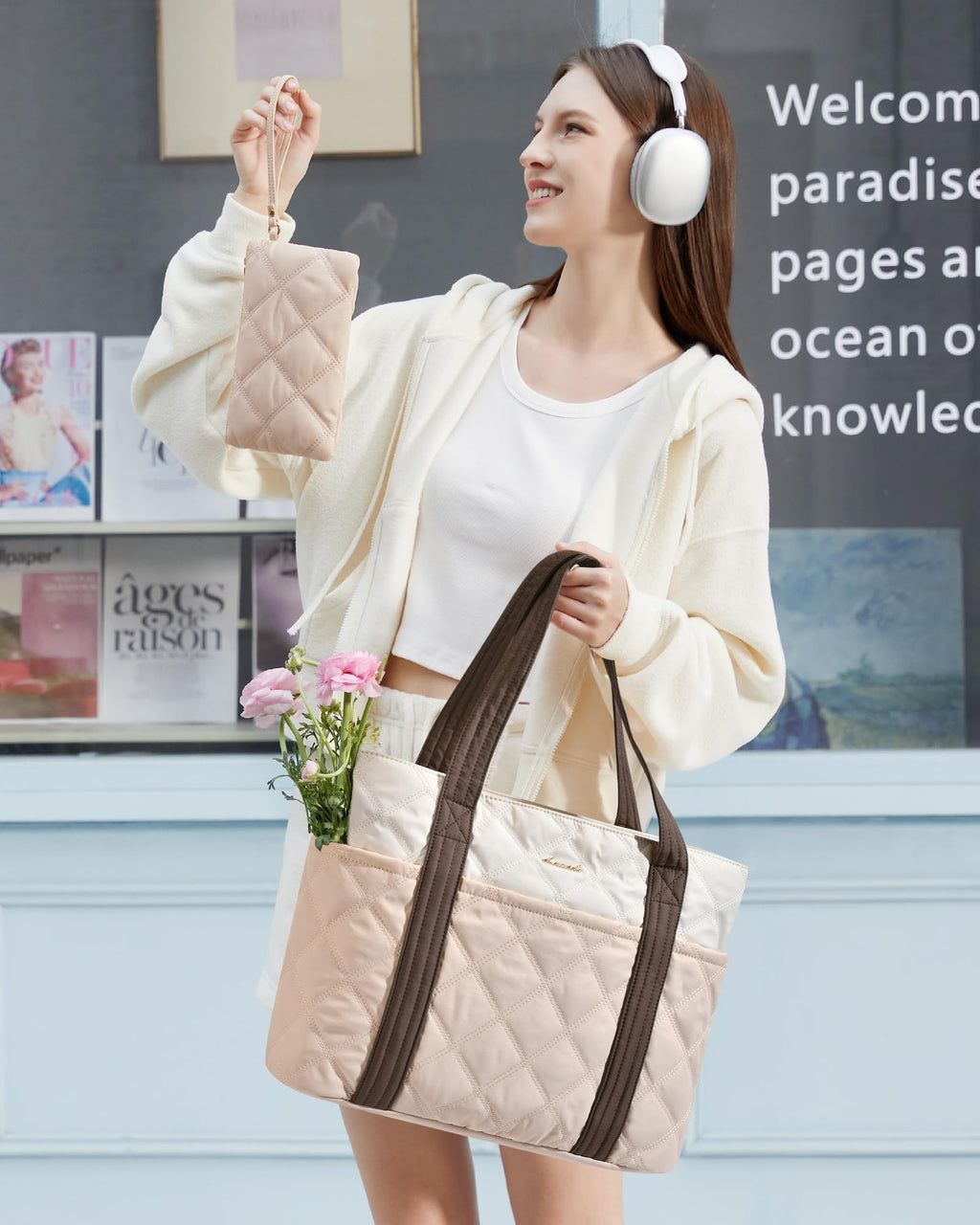 LOVEVOOK Puffer Tote Bag for Women, Puffy Work Handbag with Cup Holder, Travel Carry On Bag with Zipper for Teacher Nurse Gym