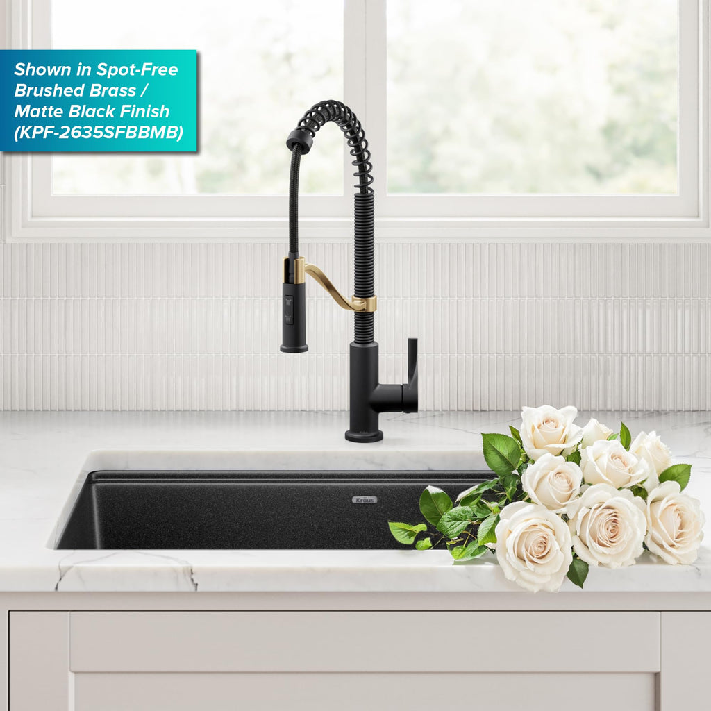 KRAUS Torak Pull Down Kitchen Faucet in Matte Black with Commercial Style Spring Spout, 2 Function Sprayer, Pre-Attached Water Lines, and Mounting Hardware, KPF-2635MB
