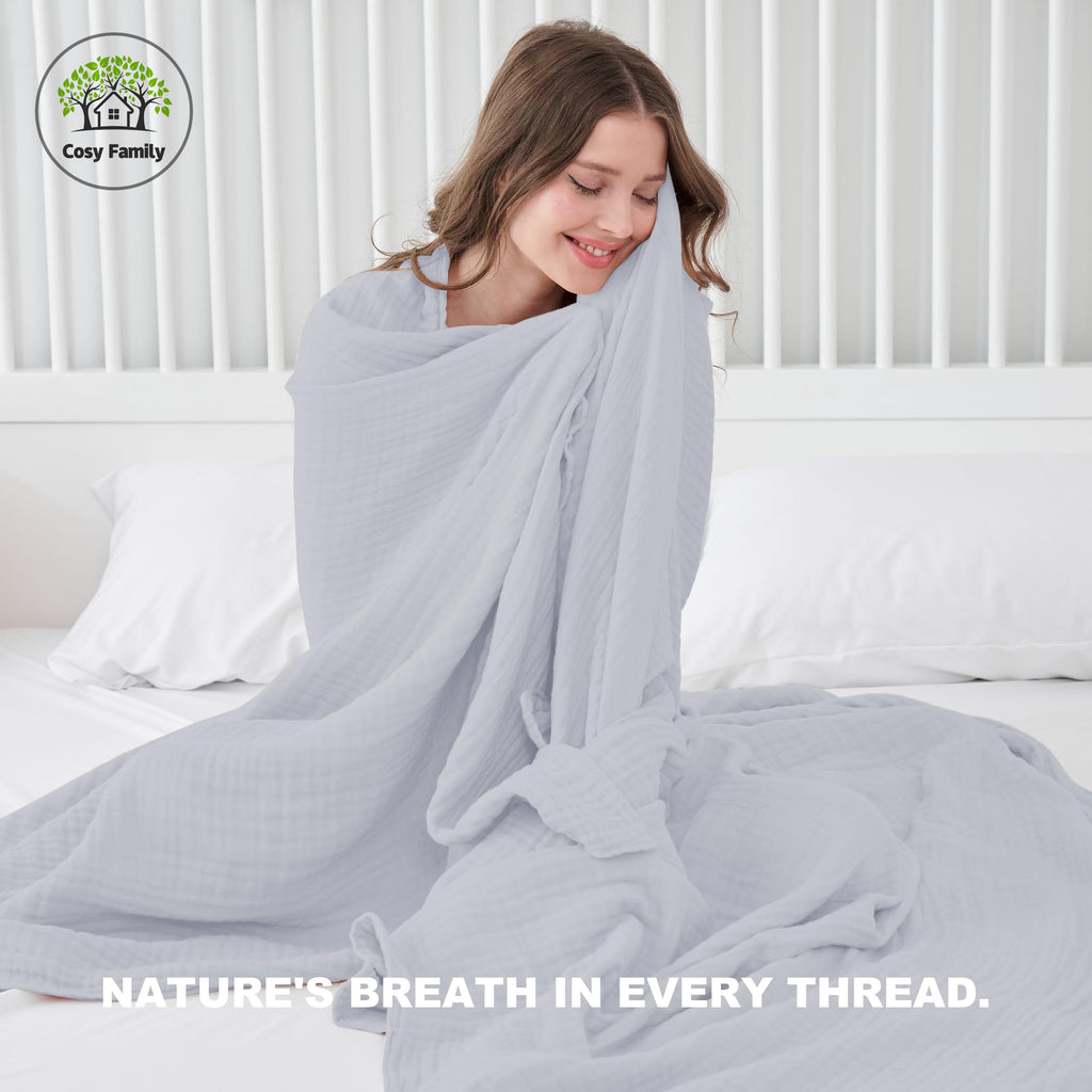 Cosy Family 4 Layer Muslin Bed Blanket - Breathable and Lightweight Gauze Boho Blanket for Spring, Soft 100% Cotton Muslin Blanket, Brown, 55x80 Inches