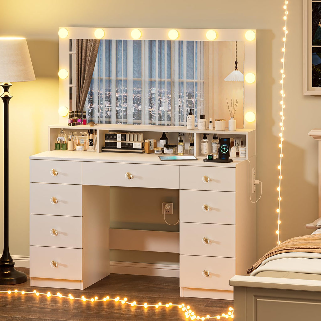 Vanity Desk with Lighted Mirror, Black Vanity with 4 Drawers,Makeup Vanity with Storage Shelves and Power Outlet,10 Lights with 3 Color Modes Brightness Adjustable for Girls’ Bedroom (Black)