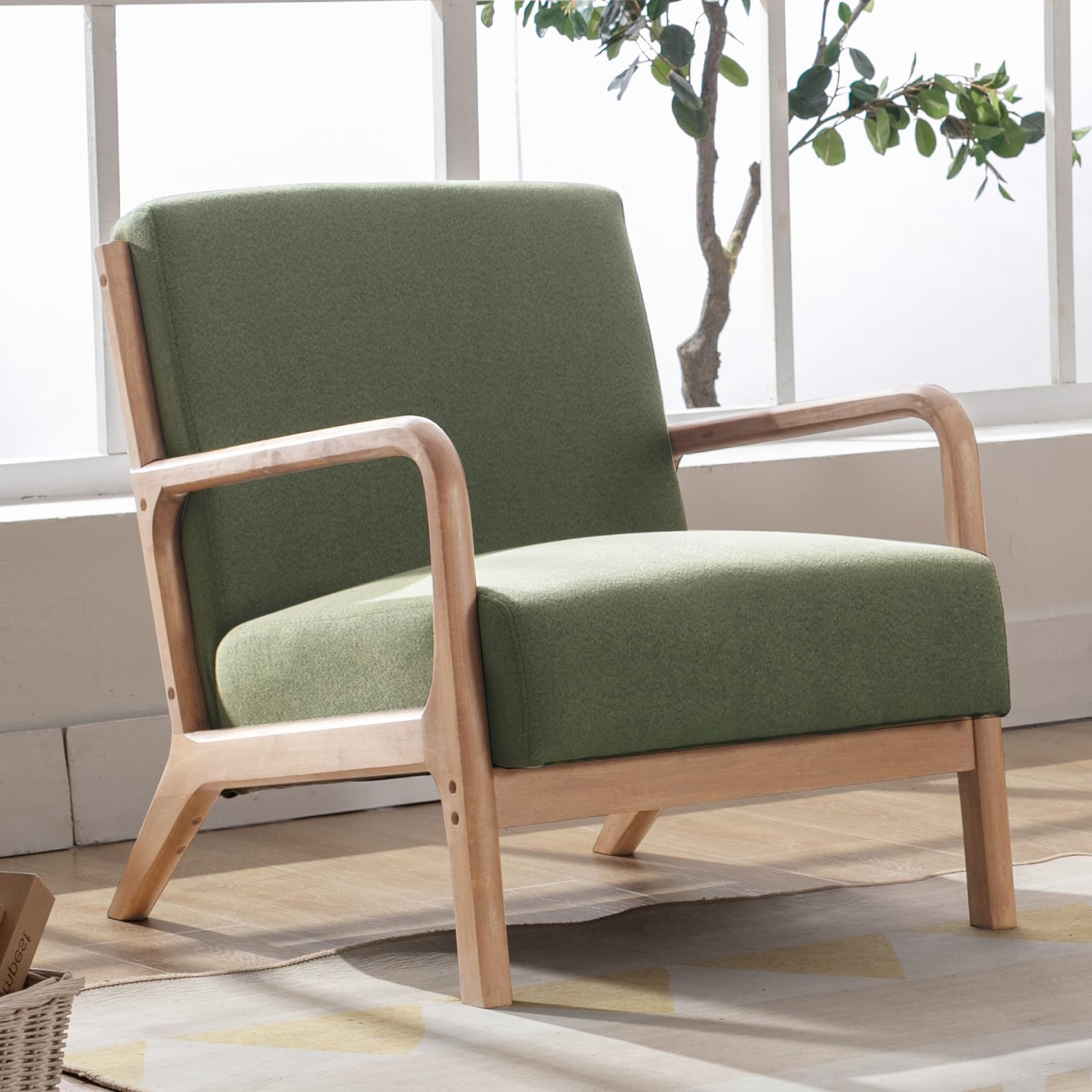 ANJ Mid Century Modern Accent Chair, Comfy Fabric Living Room Chairs with Solid Wood Frame, Lounge Reading Armchair, Easy Assembly, Beige