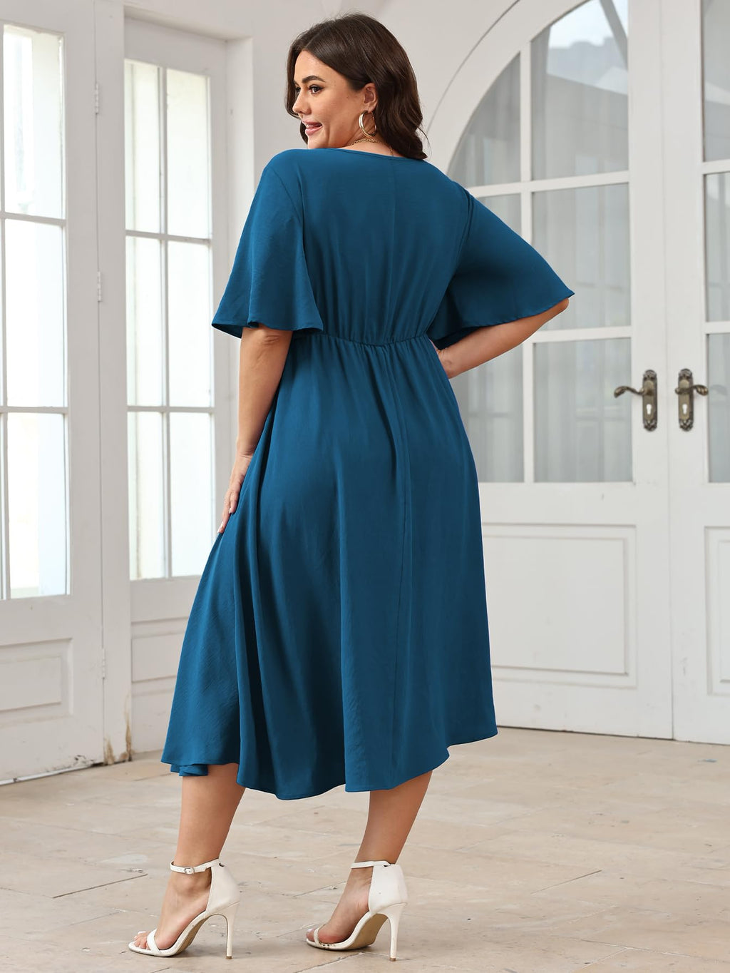 SCOMCHIC Women Plus Size Midi Dresses Wedding Guest Short Sleeve V Neck Tie Waist Casual Summer Flowy A Line Dress