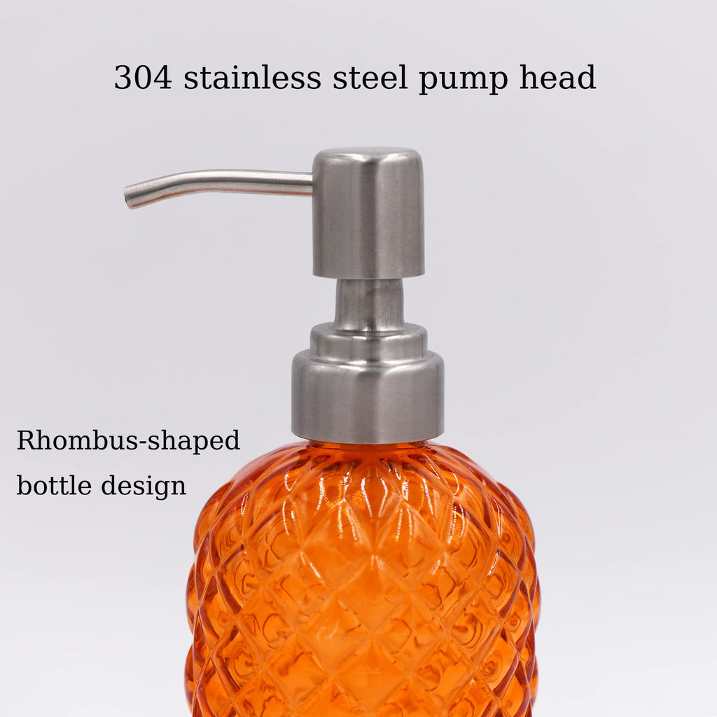 16 oz Diamond Pattern Glass Soap Dispenser, Kitchen and Bathroom Refillable Soap Dispenser with Rust Resistant Stainless Steel Pump for Hand Soap, Lotion Glass Liquid Dispenser(Amber)