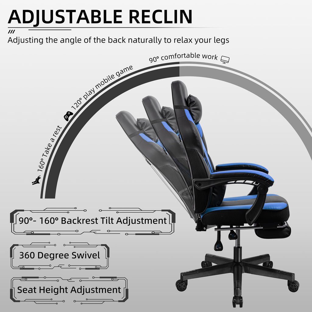 Shintenchi Gaming Chair,Video Game Chair with footrest and Massage Lumbar Support,Height Adjustable Game Chair with 360°Swivel Seat Ergonomic Computer Chair with Headrest for Office or Gaming(Blue)